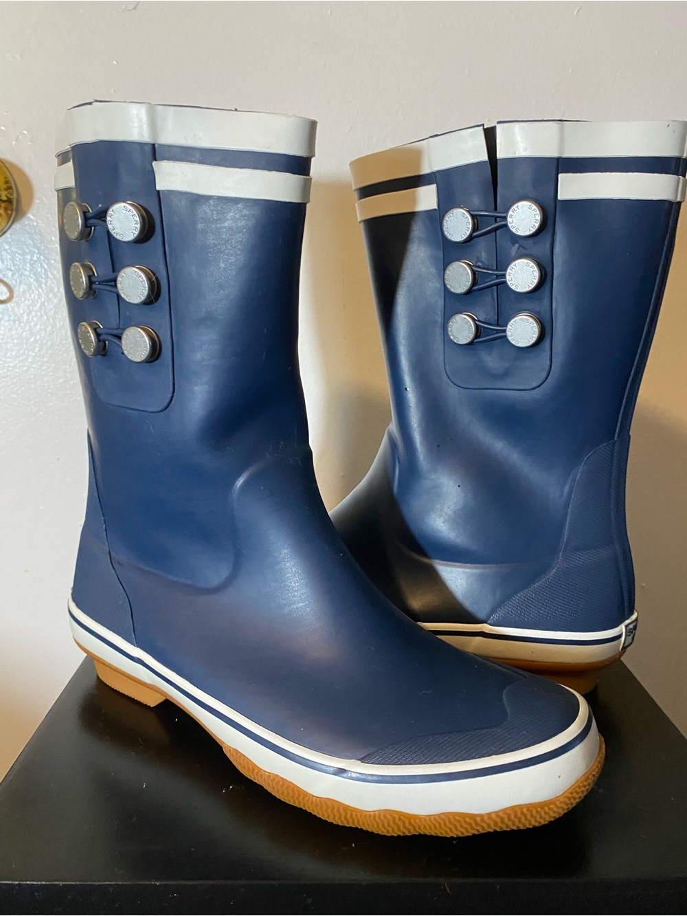 SPERRY Navy Blue Women Rain Boots with White Trim Size 9